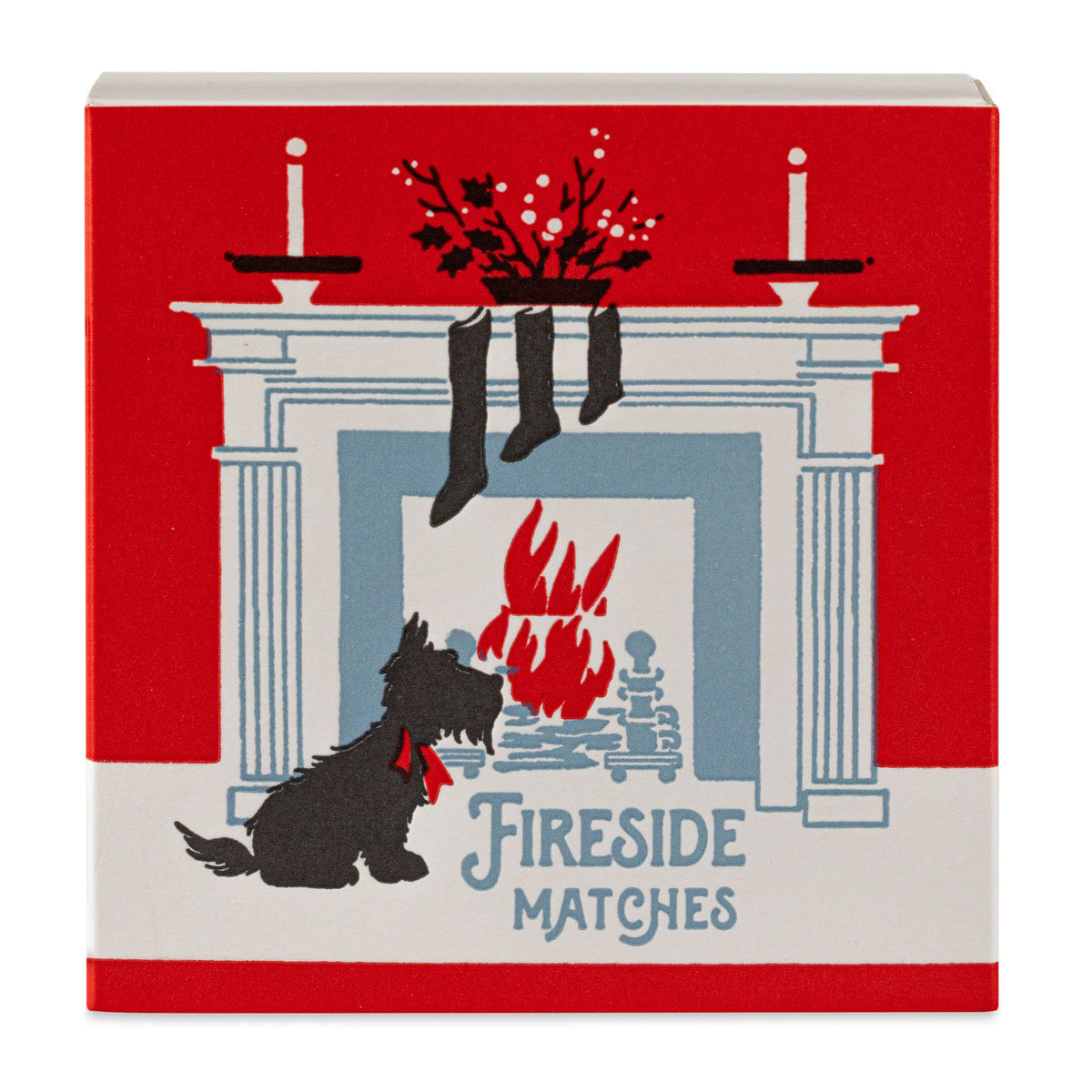 Boîte carrée d'allumettes de Noël décor scottish terrier au coin du feu, vue 2