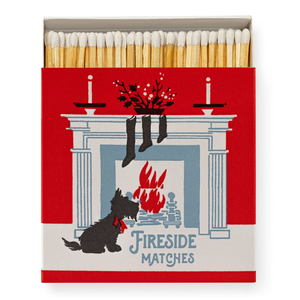 Boîte carrée d'allumettes de Noël décor scottish terrier au coin du feu