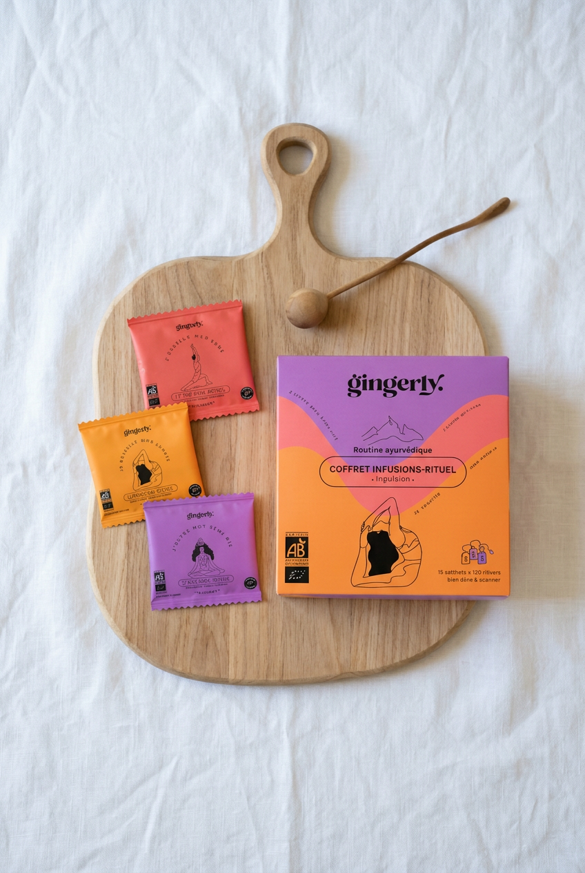 Coffret cadeau tisanes bio Gingerly Impulsion sur un plateau noir