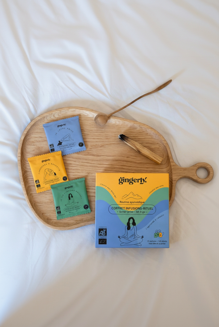 Coffret Gingerly Lâcher-prise et ses trois infusions sur un plateau noir