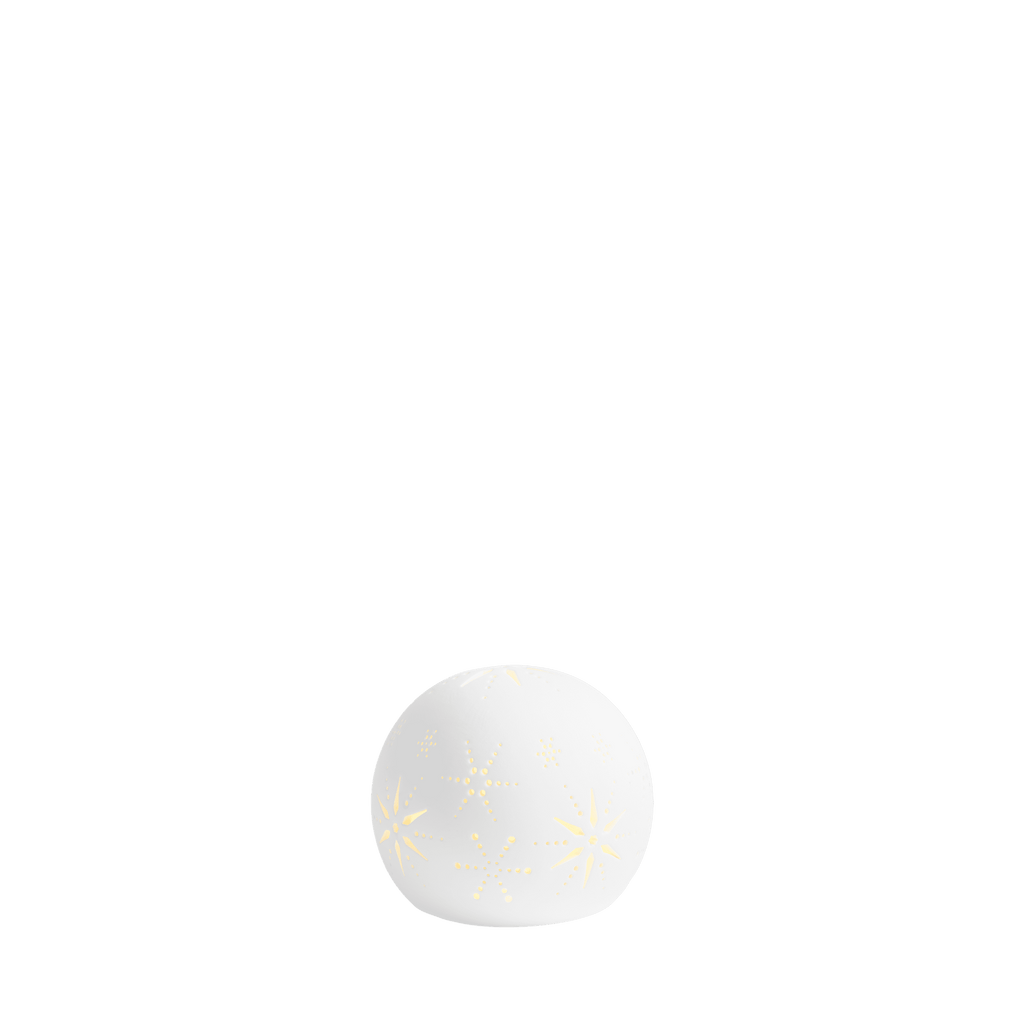 Photophore dôme en céramique blanche ajourée, éclairé