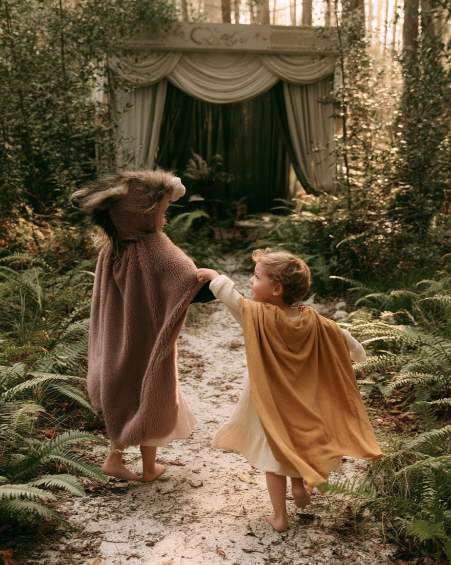 deux enfant qui jouent dans la foret avec un déguisement de peau d'âne