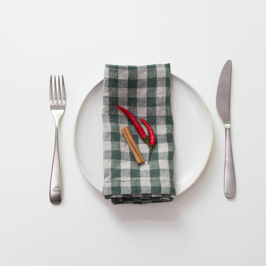 Lot de 2 serviettes de table en lin à carreaux vert forêt, vue 2