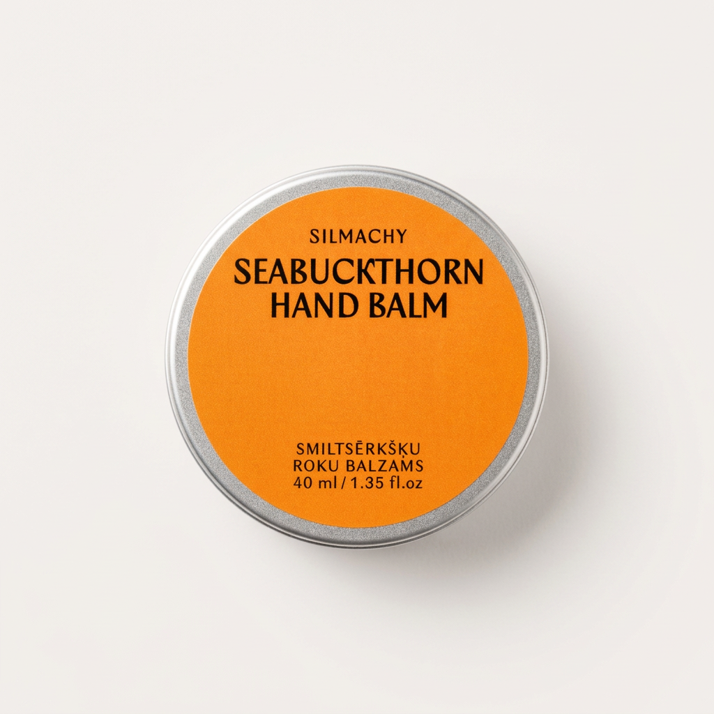 Baume mains SILMACHY à l’argousier de 40 ml, boîte ronde en aluminium avec étiquette orange