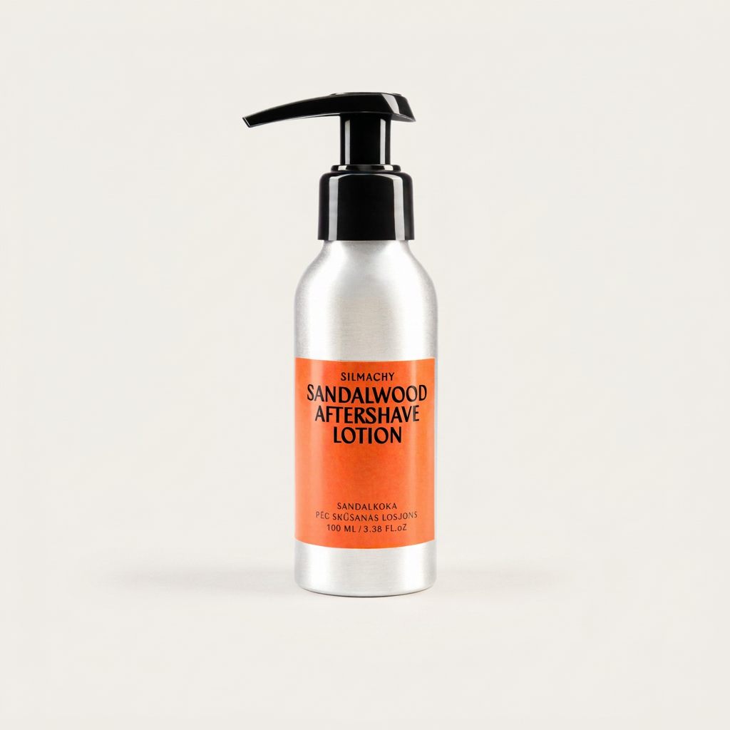 Lotion après-rasage SILMACHY au bois de santal de 100 ml, flacon argenté à pompe noire et étiquette orange