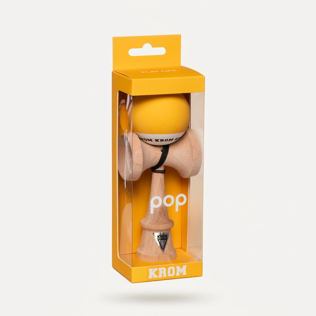 Kendama KROM POP moutarde dans son emballage