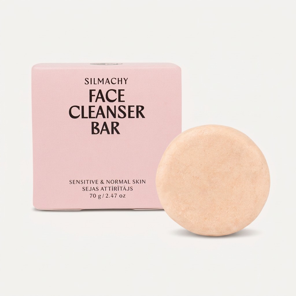 Nettoyant visage solide SILMACHY de 70 g, pain rond beige et boîte rose sur fond clair