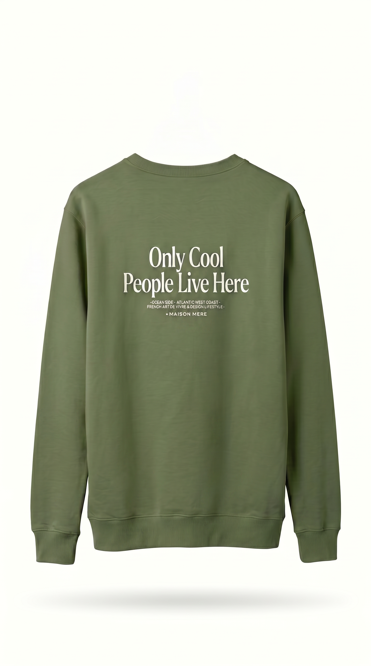 Pull Cool People Live Here French art de vivre – vue devant, coupe oversize, couleur kaki